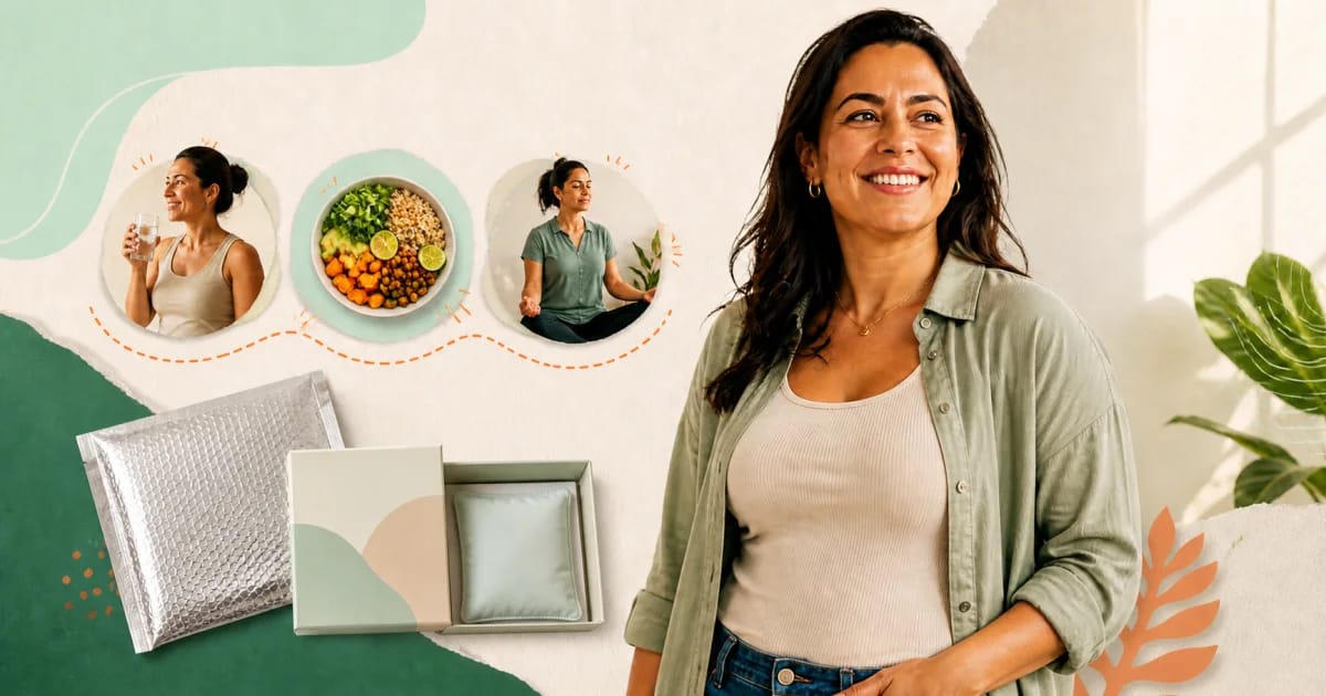Mujer sonriendo junto a escenas de hidratación, comida y bienestar